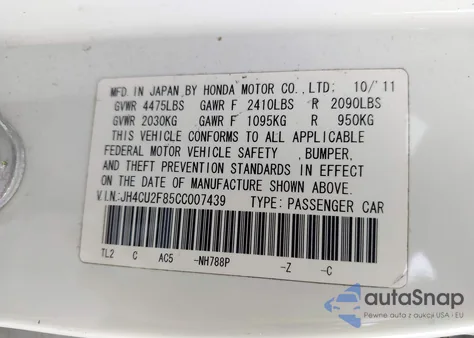 2012 Acura Tsx 2.4 z USA, uszkodzony, nr VIN JH4CU2F85CC007439